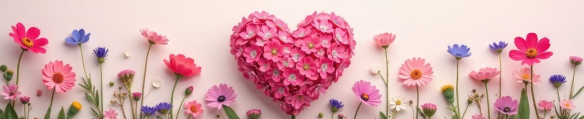 Fototapeta premium Dainty heart-shaped bouquet featuring wildflowers in soft hues, heart shaped, floral bouquet, summer