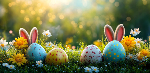 Bright Easter eggs and flowers. Vibrant decorated eggs rest among bright flowers on a sunny day, signaling the arrival of spring and Easter festivities.
