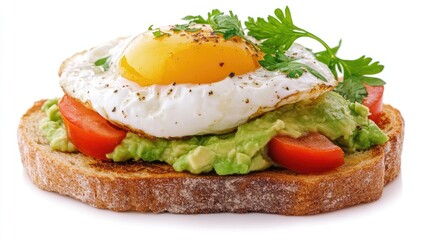 Delicious avocado toast with a poached egg on top, isolated on a white background for minimalist breakfast styling