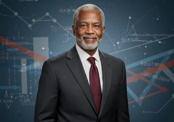 A man dressed in a professional suit stands confidently in front of a vibrant background, exuding business acumen.