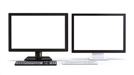 Fototapeta premium Desktop computer and flat-screen television setup, both screens completely white, isolated against a white background