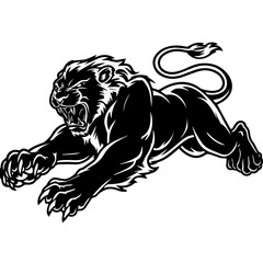 A bold black and white vector illustration of a roaring lion in mid-leap, showcasing its fierce expression, muscular body, and sharp claws.