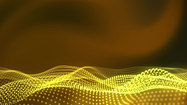 Abstract golden wave pattern with luminous dots flowing across a dark background, creating a sense of movement and depth, ideal for digital art, technology, or creative motion projects