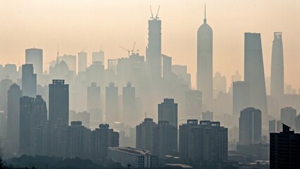 Fototapeta premium A dense city skyline engulfed in thick smog, with skyscrapers barely visible through the haze. The scene has a muted, grayish tone, emphasizing severe air pollution