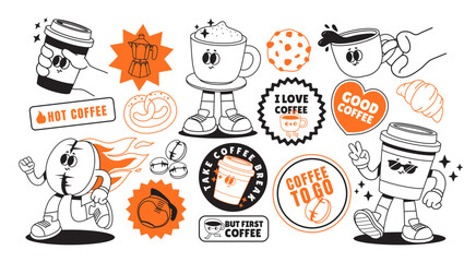 Coffee stickers. Groovy drink character. Funky patches with bean, coffee cup to go, cappuccino, espresso, text phrases for coffee shop. Comic cafe menu label. Vector set