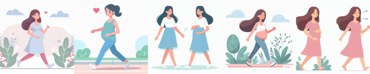 pregnant woman vector set walking
