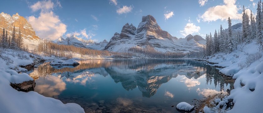 Serene winter landscape with snow covered mountains and a reflective lake at sunrise