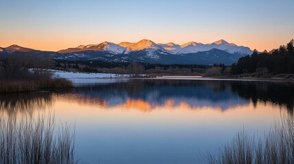 Fototapeta premium Sunset mountain lake reflection panorama