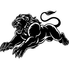 A bold black and white vector illustration of a roaring lion in mid-leap, showcasing its fierce expression, muscular body, and sharp claws.