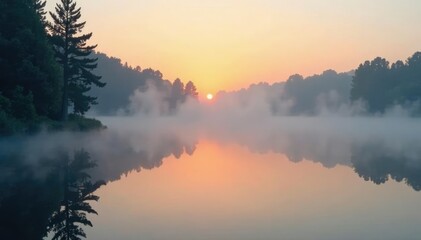 Fototapeta premium A swirl of fog dances across the surface of a still pond at dawn, fog, misty, serenity