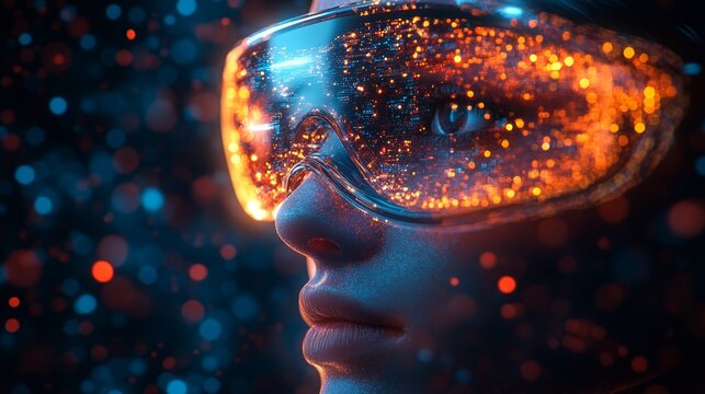 Woman Wearing Futuristic Augmented Reality Glasses with Glowing Data Stream