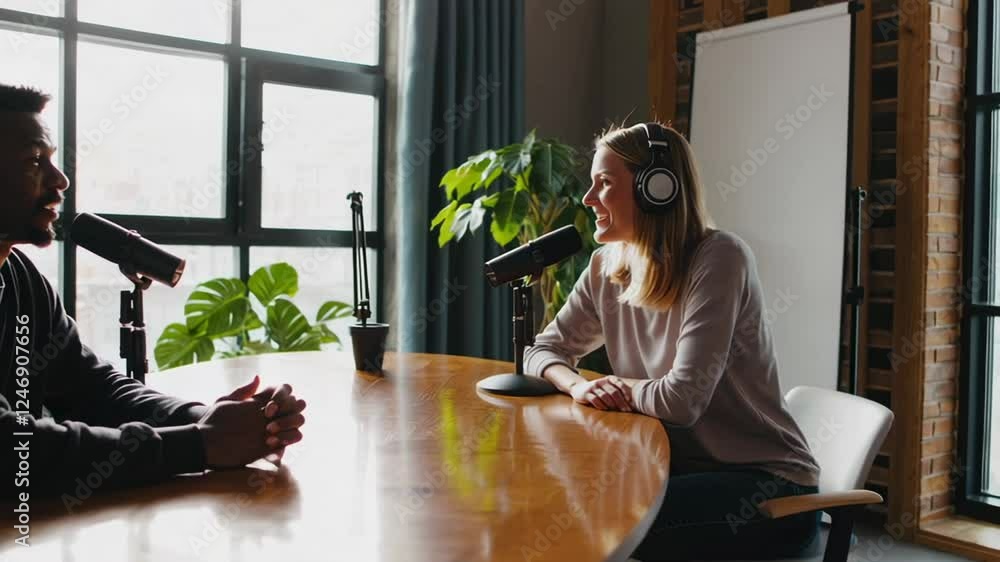 Poster content creators record a podcast episode in a bright studio, engaging in conversation and sharing t