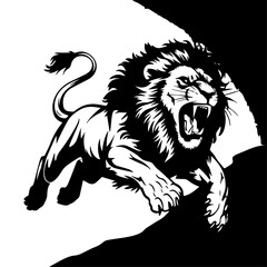 A bold black and white vector illustration of a roaring lion in mid-leap, showcasing its fierce expression, muscular body, and sharp claws.