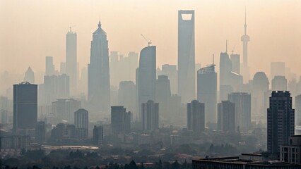 Fototapeta premium A dense city skyline engulfed in thick smog, with skyscrapers barely visible through the haze. The scene has a muted, grayish tone, emphasizing severe air pollution