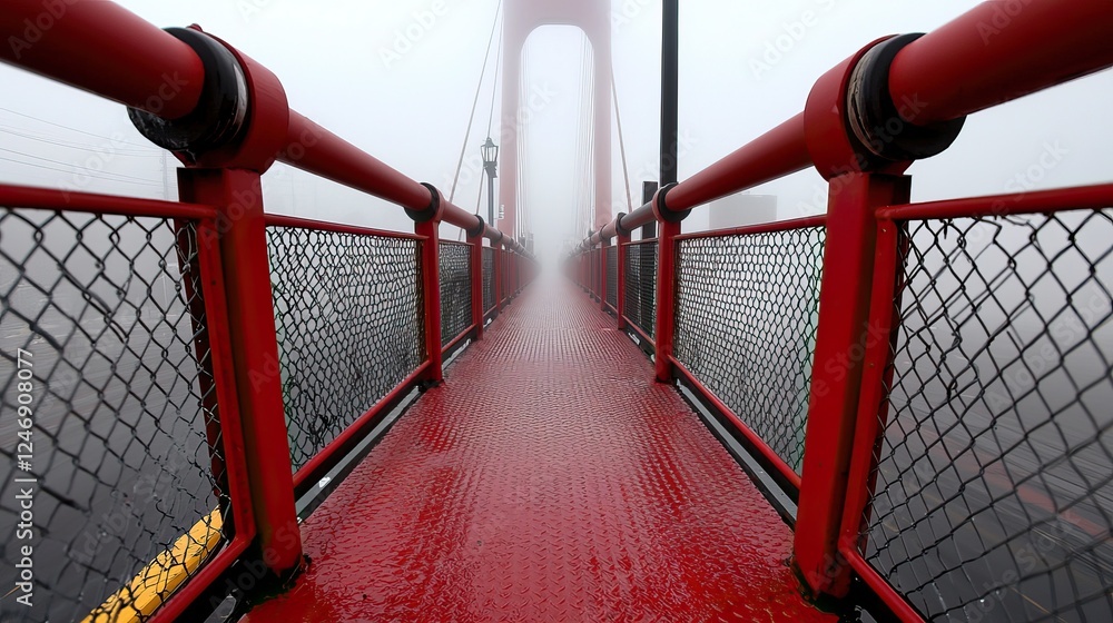 Poster a foggy view of a red bridge path, showcasing a tranquil atmosphere with a misty background that add