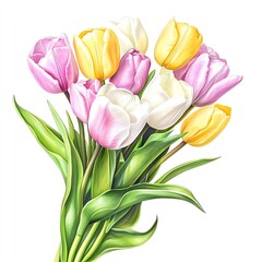Fototapeta premium A vibrant bouquet of tulips in various colors, including pink, white, and yellow, showcasing delicate petals and lush green leaves against a white isolated background.
