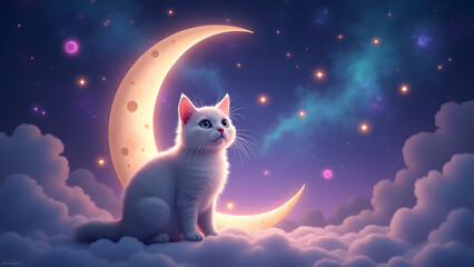 "A fluffy cat sits on a glowing crescent moon, surrounded by a vibrant starry sky. Magical orbs float nearby, creating a serene and enchanting atmosphere. Perfect for fantasy lovers!"