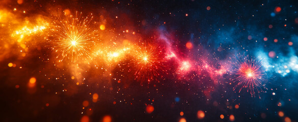 Fototapeta premium Colorful fireworks display at night sky. Bright fireworks illuminate the night sky with vibrant colors in a festive atmosphere during a celebration event.