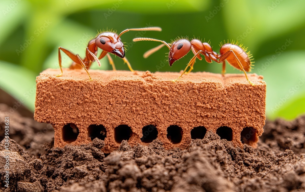 Poster two ants interact on a small block of clay-like material, surrounded by soil and green foliage, show