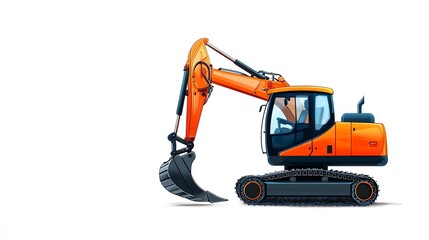 Fototapeta premium A vibrant, detailed illustration of an orange excavator on a white isolated background, showcasing its robust design and operational features.