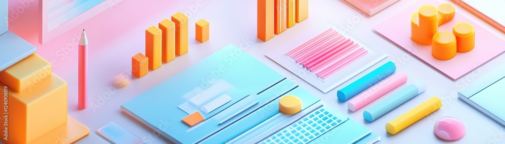 Poster a colorful arrangement of geometric shapes and charts, representing data visualization and analytics