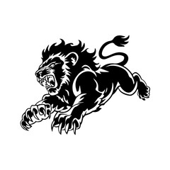 A bold black and white vector illustration of a roaring lion in mid-leap, showcasing its fierce expression, muscular body, and sharp claws.