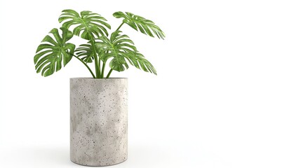 Obraz premium A vibrant monstera plant in a modern concrete pot, set against a white isolated background. Perfect for adding a touch of greenery to any interior space.