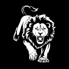 A bold black and white vector illustration of a roaring lion in mid-leap, showcasing its fierce expression, muscular body, and sharp claws.