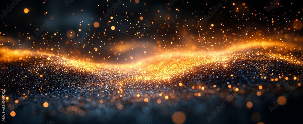 Poster sparkling particles mesmerize. golden and orange particles shimmer against a dark background, creati