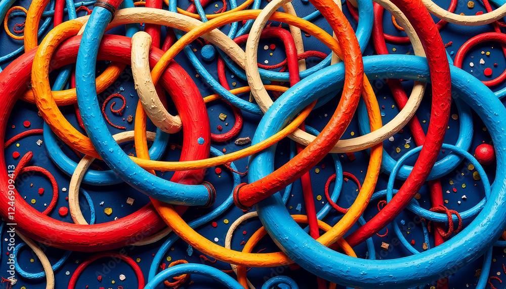 Poster vibrant intertwining loops and curves create a mesmerizing display of color and shape against a rich