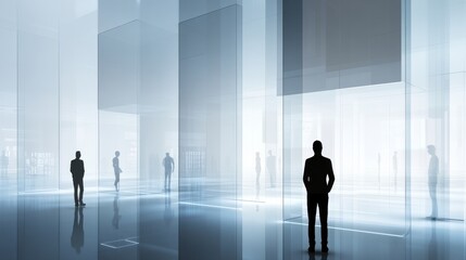 Modern office space with silhouettes of people.