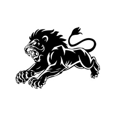 A bold black and white vector illustration of a roaring lion in mid-leap, showcasing its fierce expression, muscular body, and sharp claws.