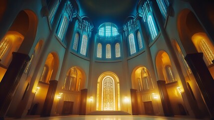 Obraz premium Historic Architectural Interior with Majestic Pillars and Stained Glass Windows : Generative AI