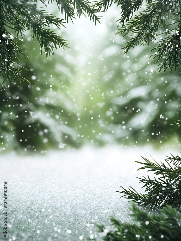 Poster serene winter forest with falling snow and pine branches at daybreak : generative ai
