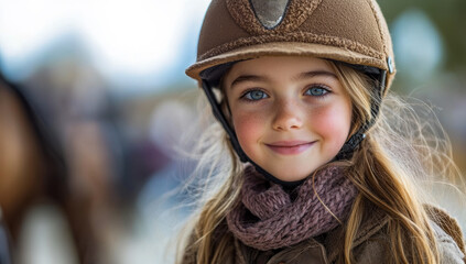 Smiling girl in riding gear. A cheerful girl in riding gear poses with a warm smile, ready for horse riding at an equestrian center.