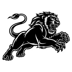 A bold black and white vector illustration of a roaring lion in mid-leap, showcasing its fierce expression, muscular body, and sharp claws.
