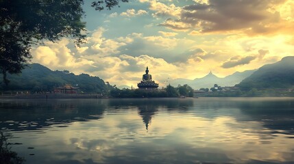 Peaceful Lake View with Distant Buddha Statue and Cloudy Sky : Generative AI