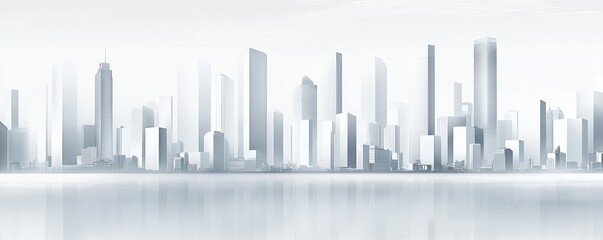Modern skyline with tall buildings and reflections.