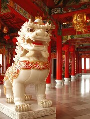Fototapeta premium Ancient Chinese Stone Guardian Lion Statue in Traditional Temple Setting : Generative AI