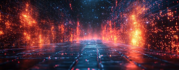 Futuristic Digital Cityscape Glowing Neon Pathways and Data Streams