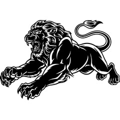 A bold black and white vector illustration of a roaring lion in mid-leap, showcasing its fierce expression, muscular body, and sharp claws.