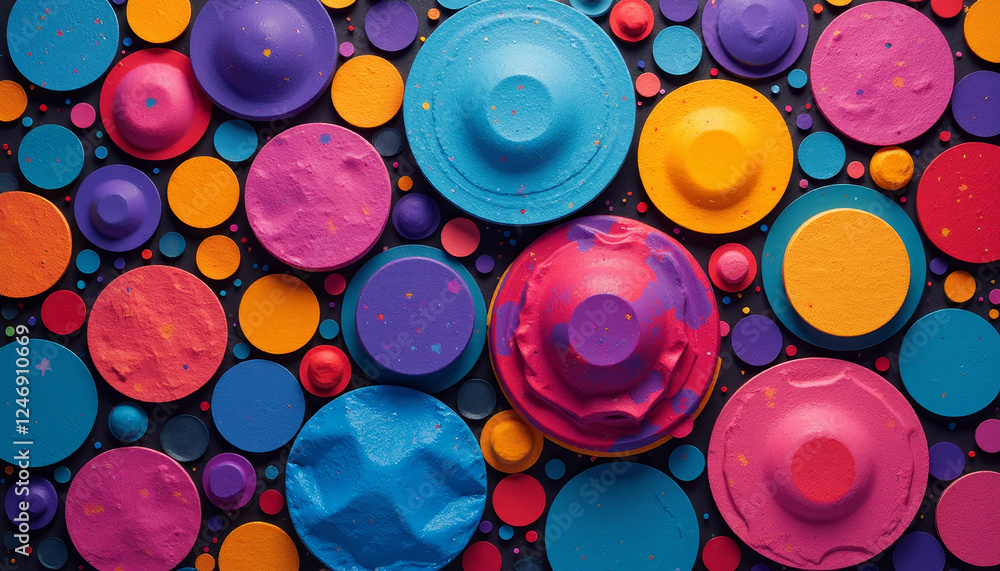 Poster vibrant circles and shapes create an abstract landscape of colors and textures in a playful arrangem