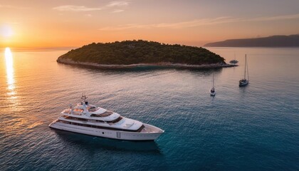 Naklejka premium Vibrant summer evening on the water with a luxury yacht and serene island backdrop
