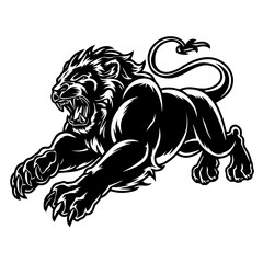 A bold black and white vector illustration of a roaring lion in mid-leap, showcasing its fierce expression, muscular body, and sharp claws.