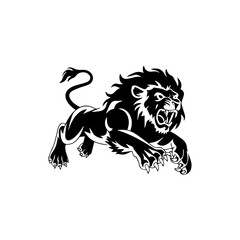 A bold black and white vector illustration of a roaring lion in mid-leap, showcasing its fierce expression, muscular body, and sharp claws.