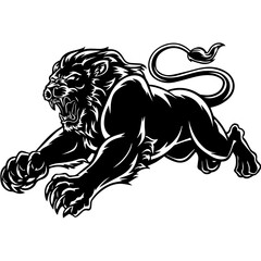 A bold black and white vector illustration of a roaring lion in mid-leap, showcasing its fierce expression, muscular body, and sharp claws.