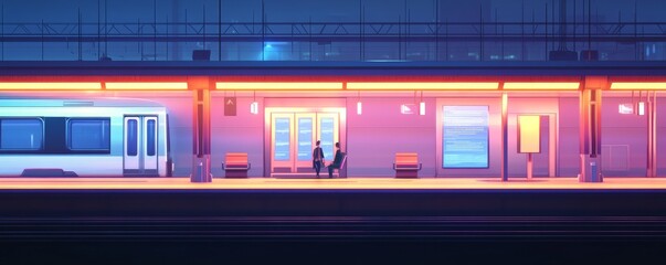 Modern train station with neon lighting
