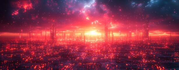 Naklejka premium Futuristic Cityscape at Sunset Red Neon Glow