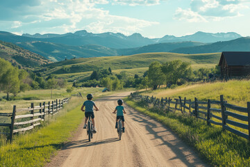 Obraz premium children on bicycles on the village road
