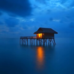 Illuminated Overwater Bungalow Reflecting in Tranquil Tropical Ocean at Dusk